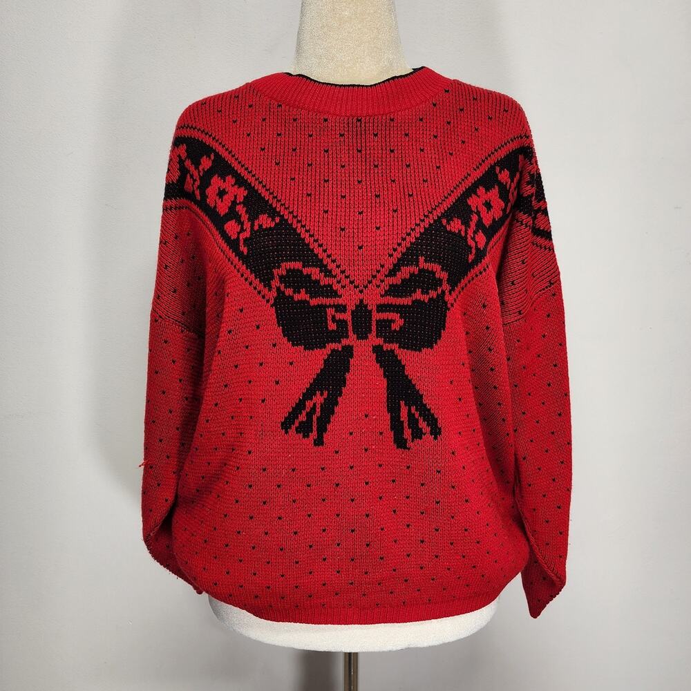 Vintage Classic Essentials Red Knit Sweater Size 42 Bow Hearts Pattern 80s Mom